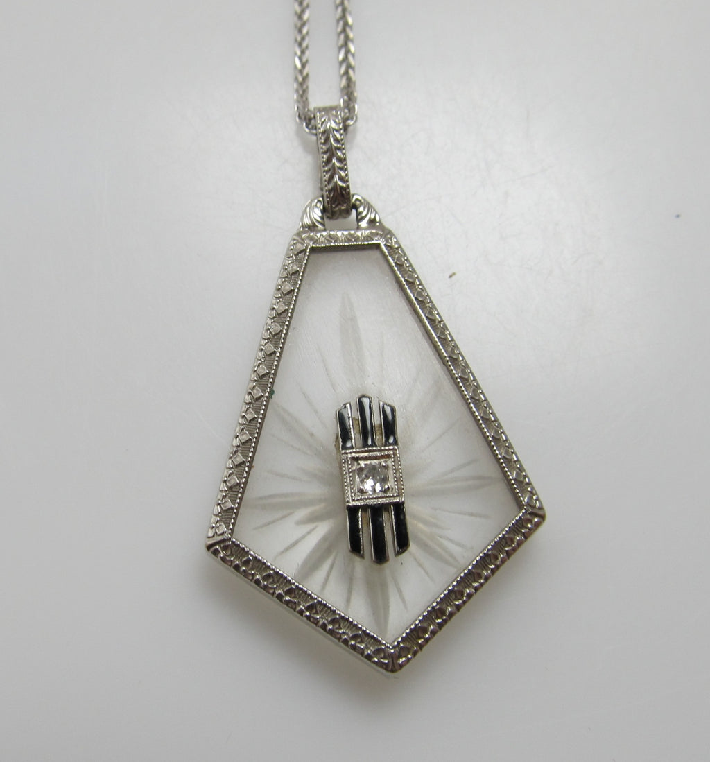 Art Deco camphor glass necklace with a diamond and enamel