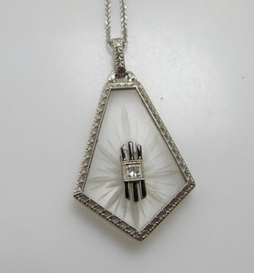 Art Deco camphor glass necklace with a diamond and enamel