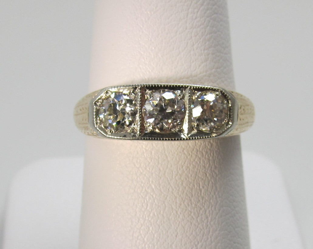 Vintage 3 stone diamond ring, 14k white and yellow gold