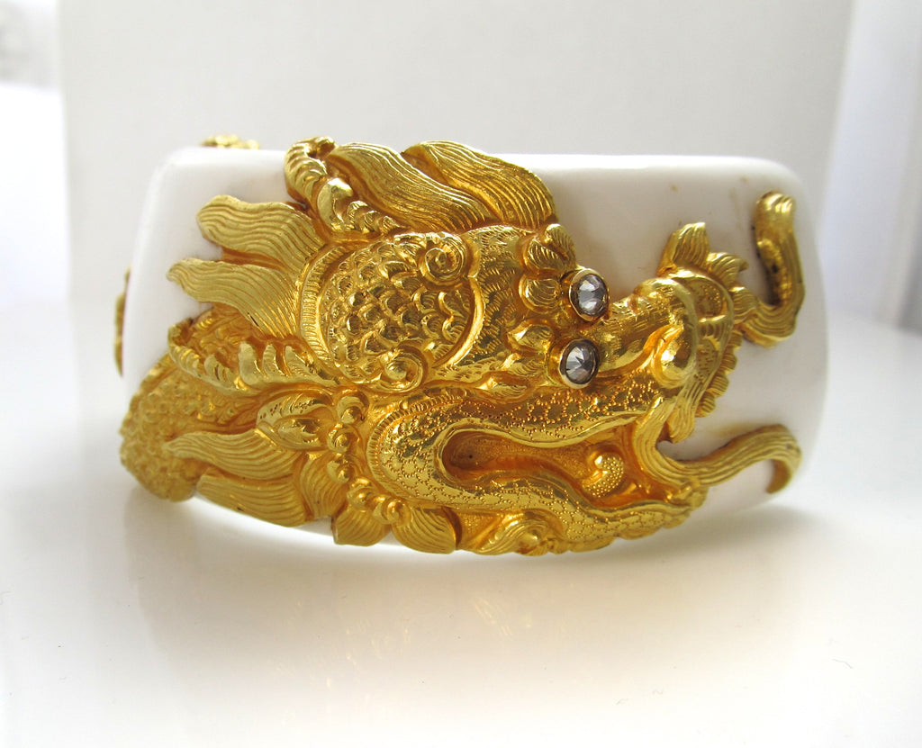 HUGE!  22k yellow gold dragon bracelet on shell with diamonds