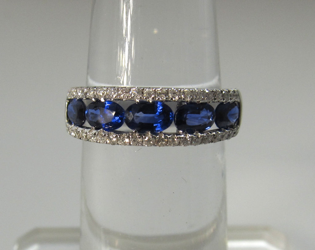 Bright blue sapphire diamond band, 18k white gold