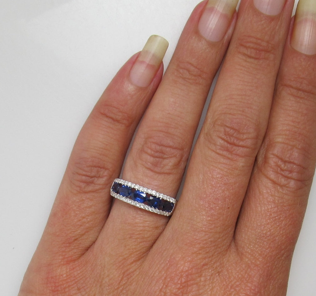 Bright blue sapphire diamond band, 18k white gold