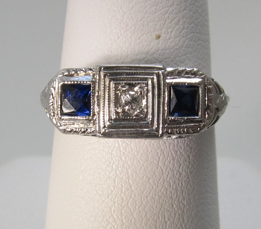 Antique 18k white gold filigree sapphire diamond ring