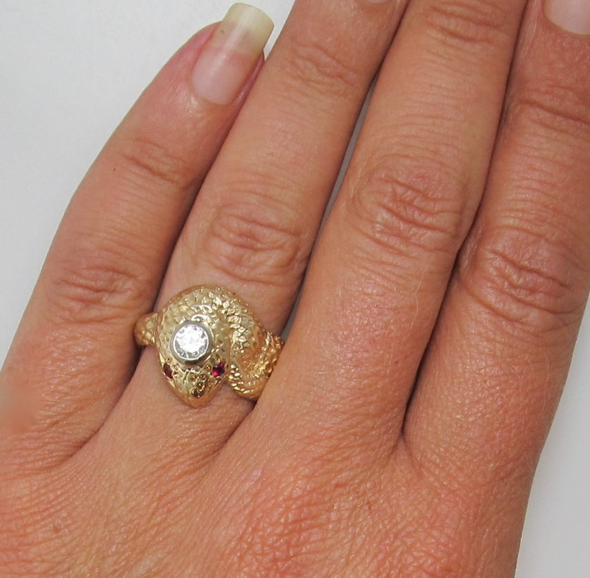 Vintage 14k yellow gold snake ring with a .35ct diamond