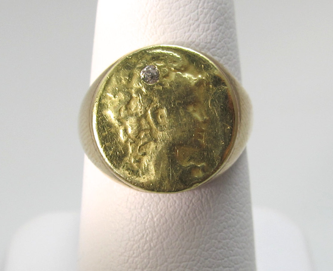 Art Nouveau 14k yellow gold lady face diamond ring