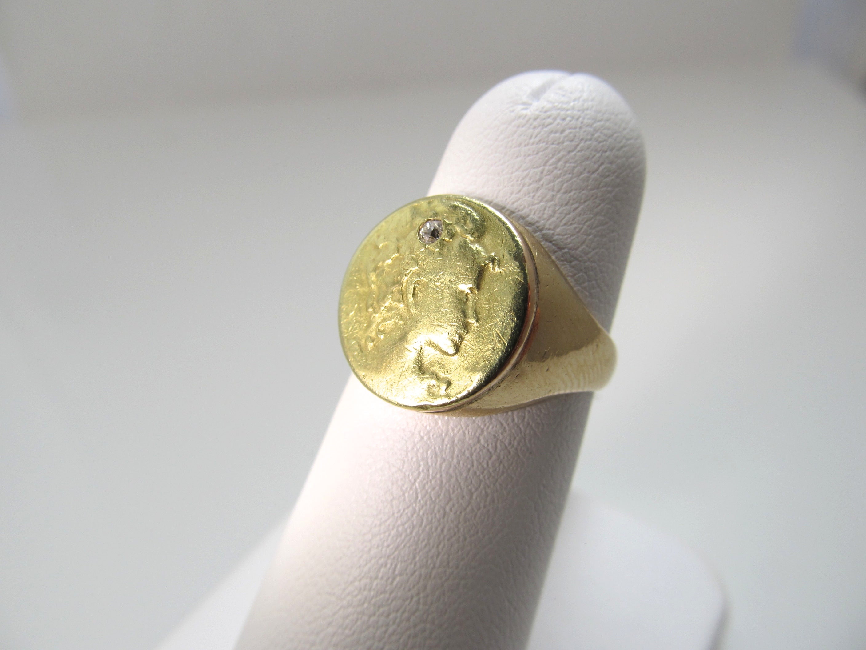 Art Nouveau 14k yellow gold lady face diamond ring