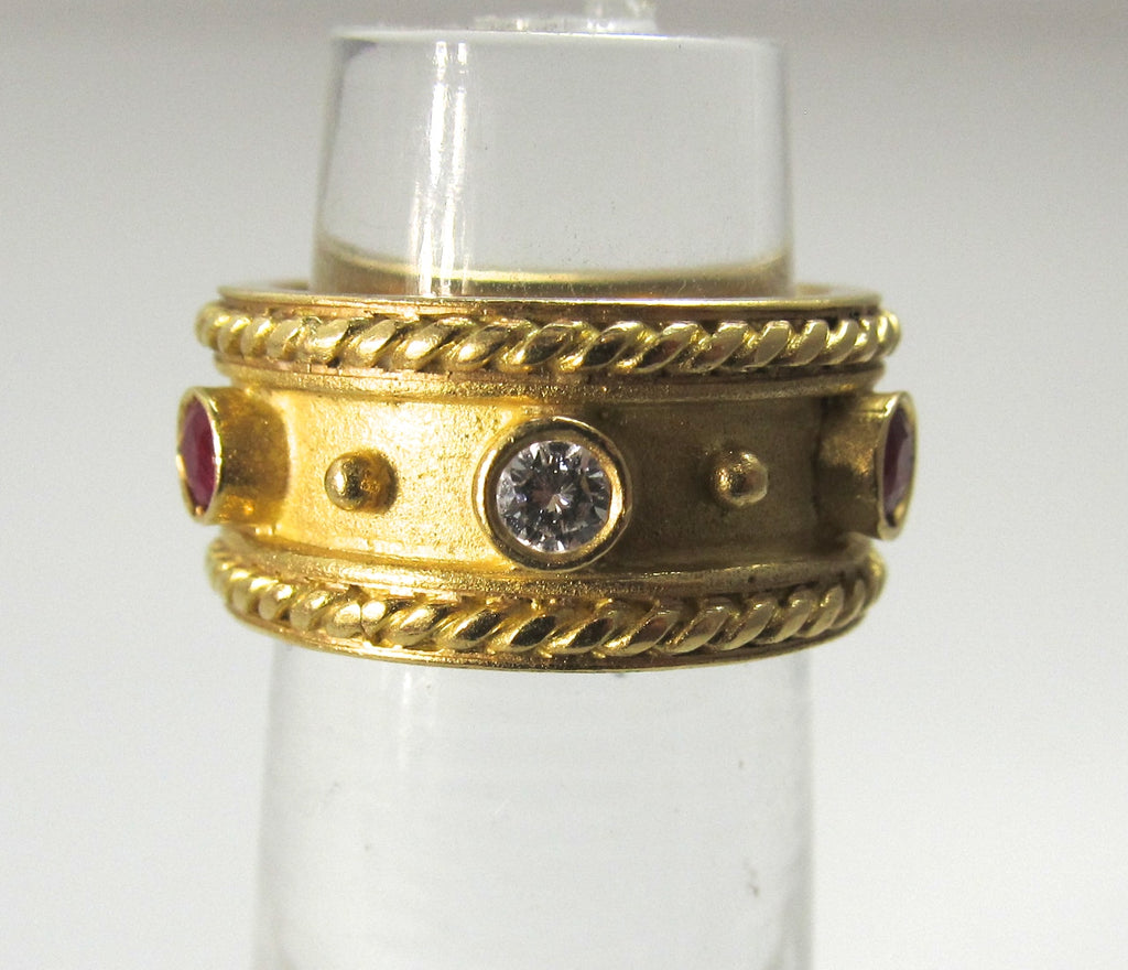 Estate 18k yellow gold wide ruby diamond band