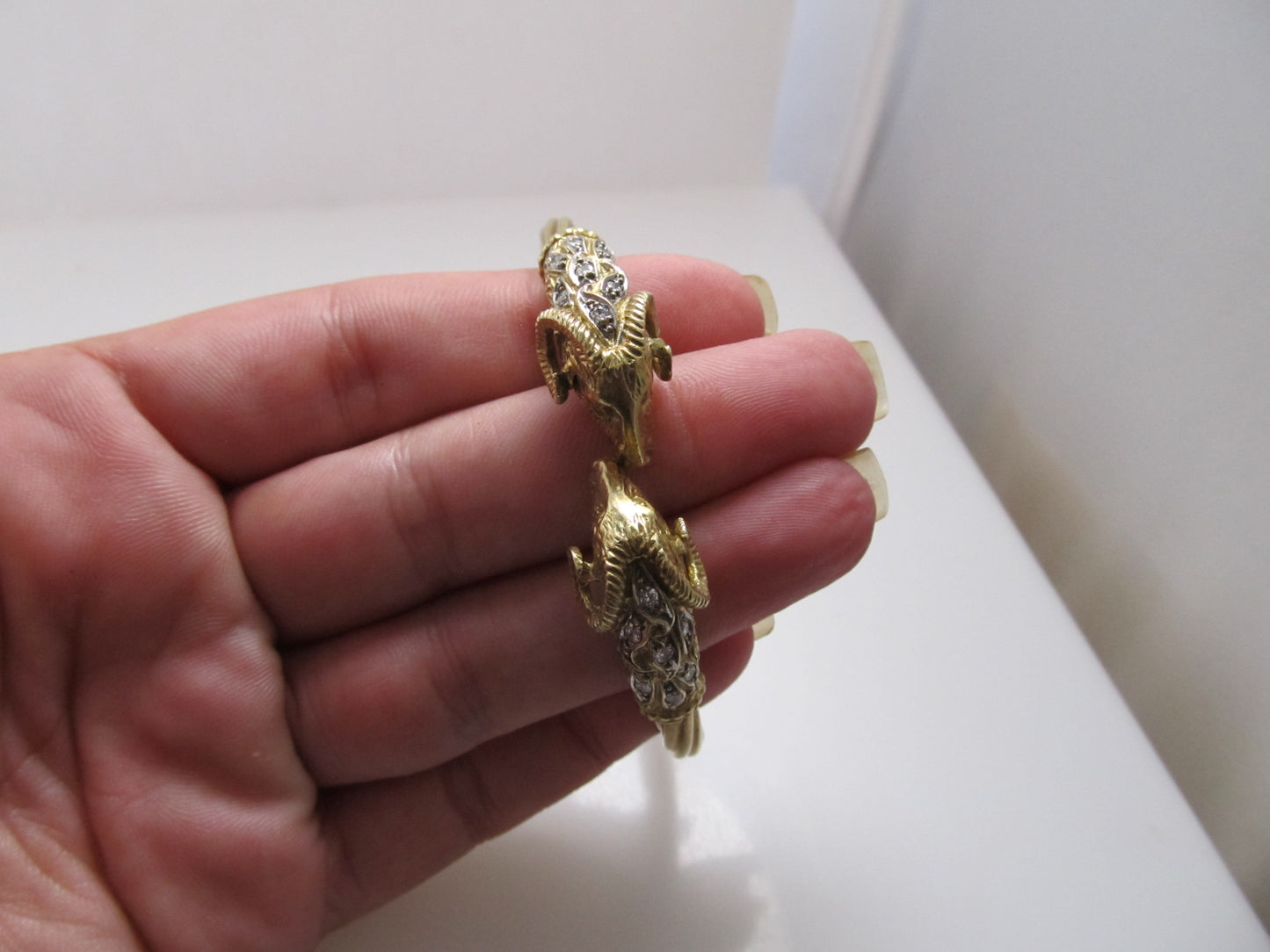 Vintage double ram's head diamond bangle bracelet