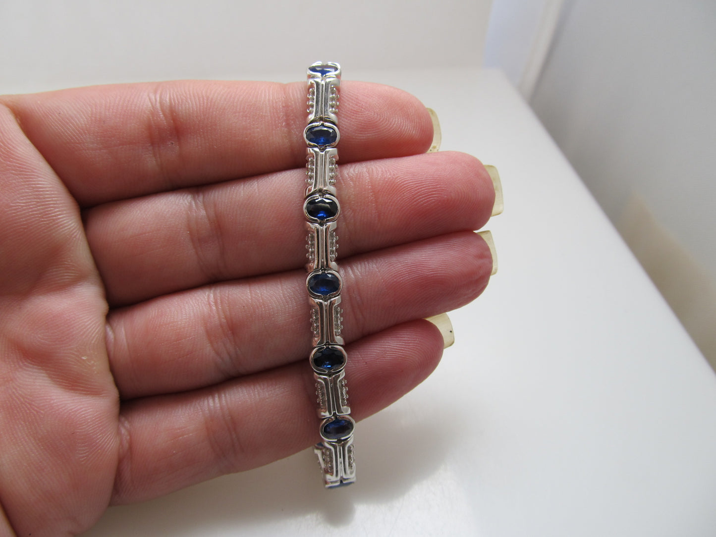 Modern 14k white gold sapphire diamond bracelet