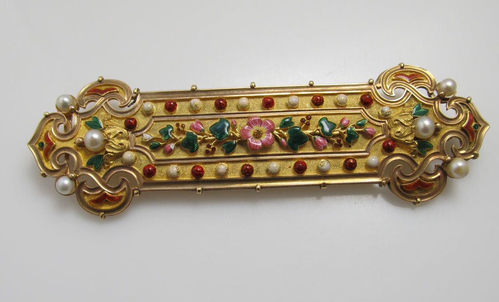 Antique 21k yellow gold enamel pearl pin
