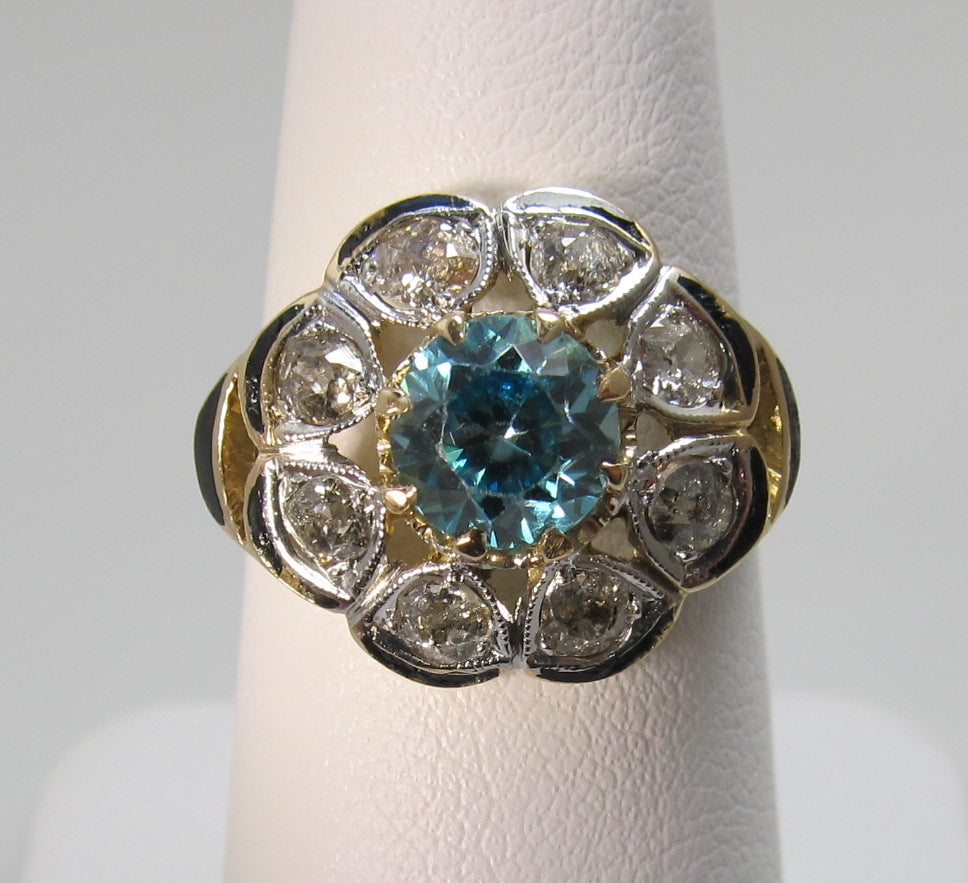 Antique 14k gold blue zircon diamond cluster ring