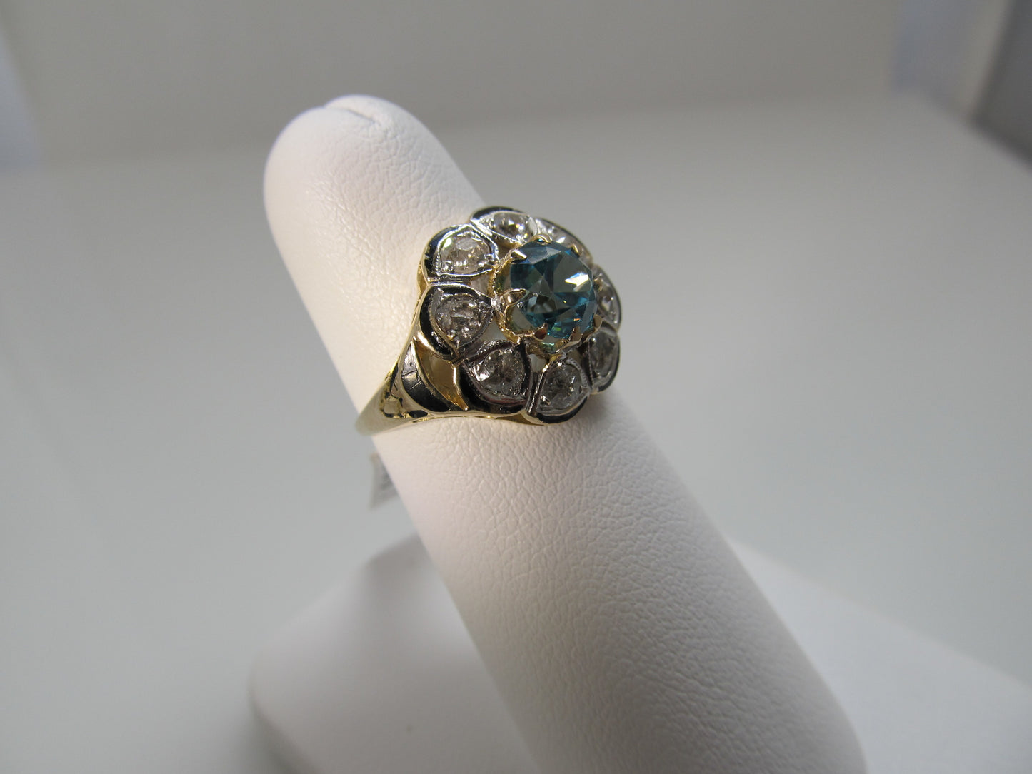 Antique 14k gold blue zircon diamond cluster ring