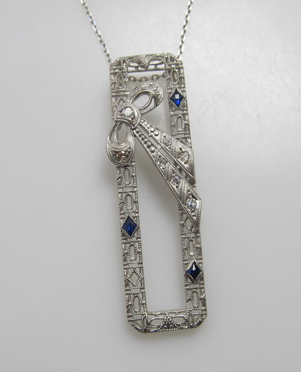 Antique 14k white gold filigree sapphire diamond necklace
