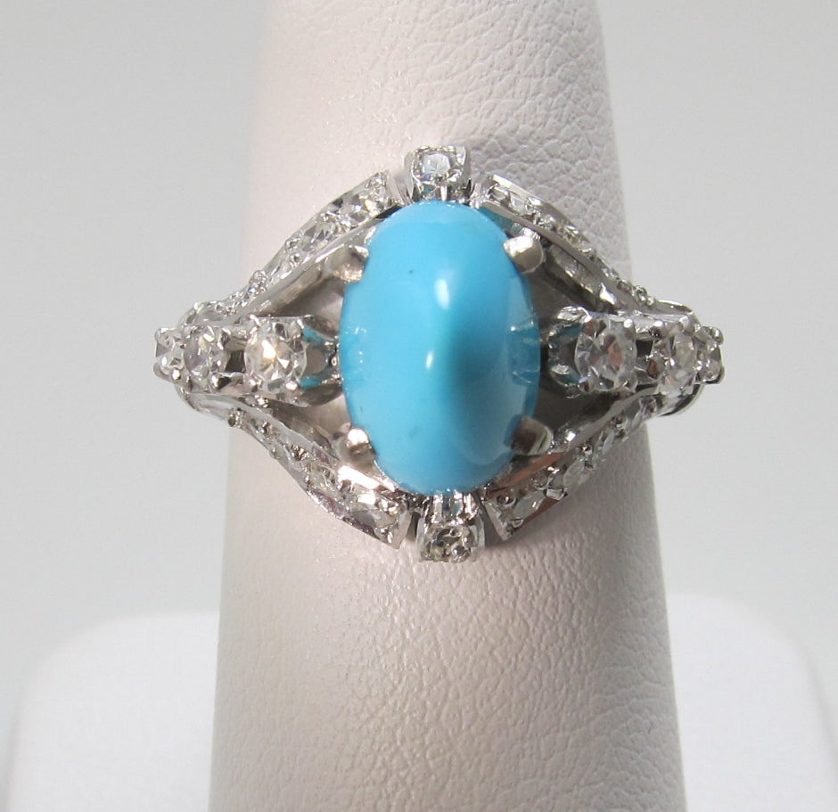 Fabulous 14k white gold diamond turquoise cocktail ring