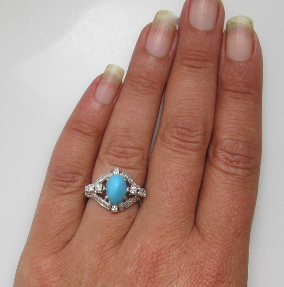 Fabulous 14k white gold diamond turquoise cocktail ring