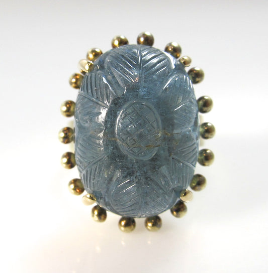 20.00ct carved aquamarine ring in 14k yellow gold