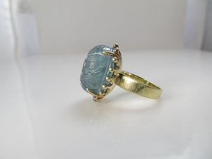 20.00ct carved aquamarine ring in 14k yellow gold