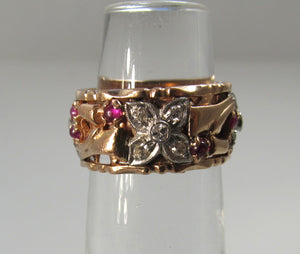 Vintage retro 14k rose gold band with ruby and diamond