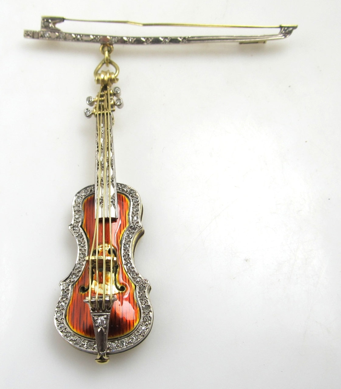 18k yellow gold enamel stylized violin brooch with diamonds