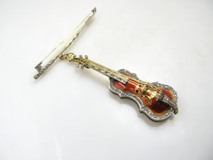 18k yellow gold enamel stylized violin brooch with diamonds