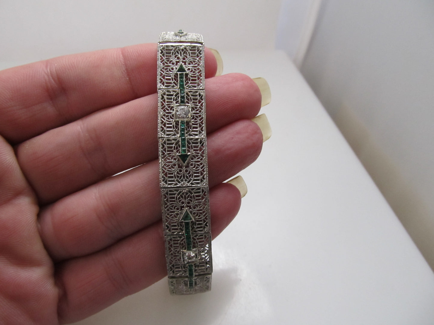 Antique filigree emerald and diamond bracelet