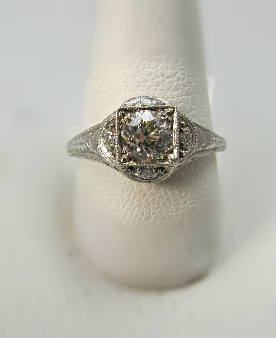 14k White Gold Ring With A .72ct Oec Center Diamond, Circa 1920.