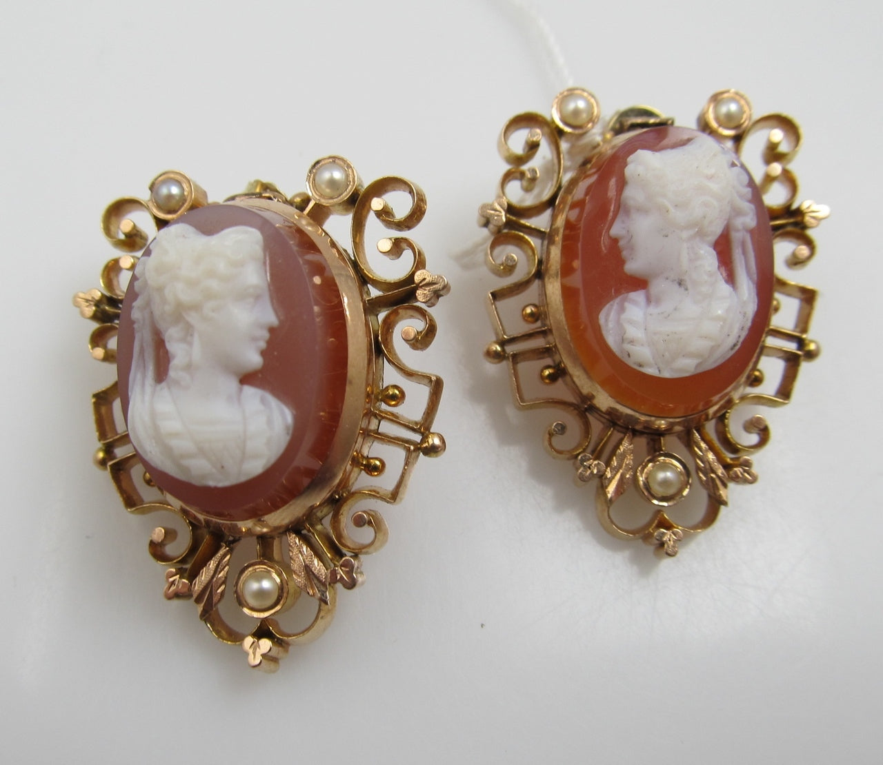 Antique 10k Rose Gold Earrings With Stone Cameos And Pearls, Circa 1890