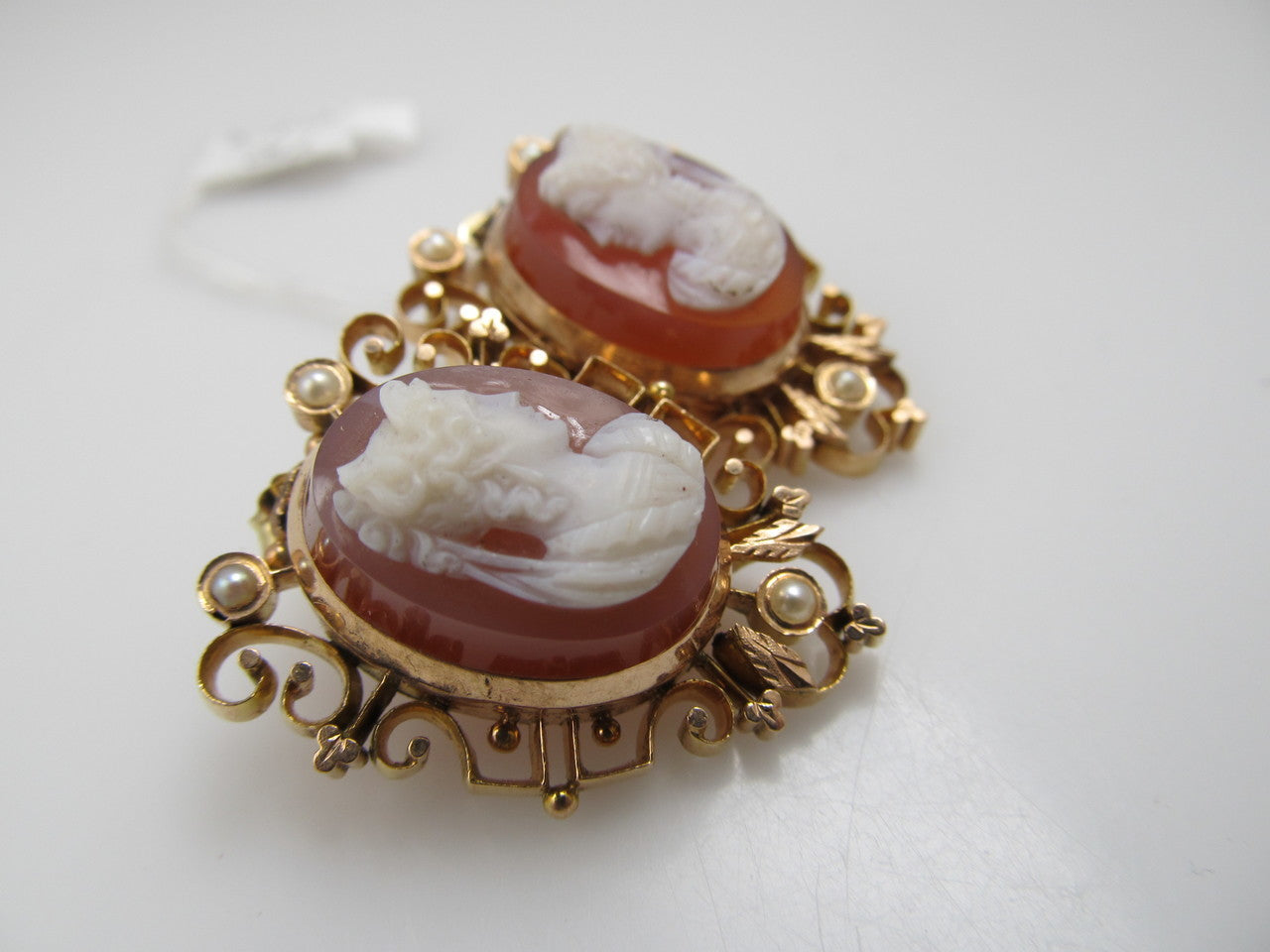 Antique 10k Rose Gold Earrings With Stone Cameos And Pearls, Circa 1890