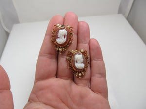 Antique 10k Rose Gold Earrings With Stone Cameos And Pearls, Circa 1890