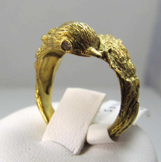 18k Yellow Gold Handmade Bird Ring With Diamond Eyes.
