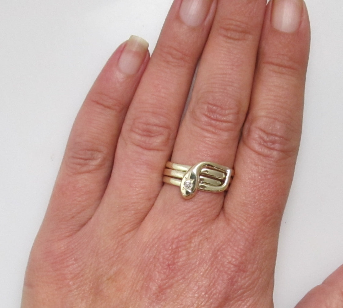 Vintage coiled diamond snake ring, 14k yellow gold