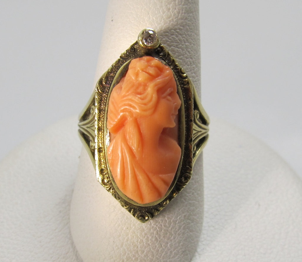 Antique coral cameo diamond ring, 14k yellow gold