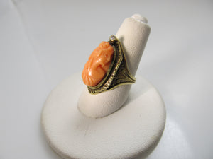 Antique coral cameo diamond ring, 14k yellow gold