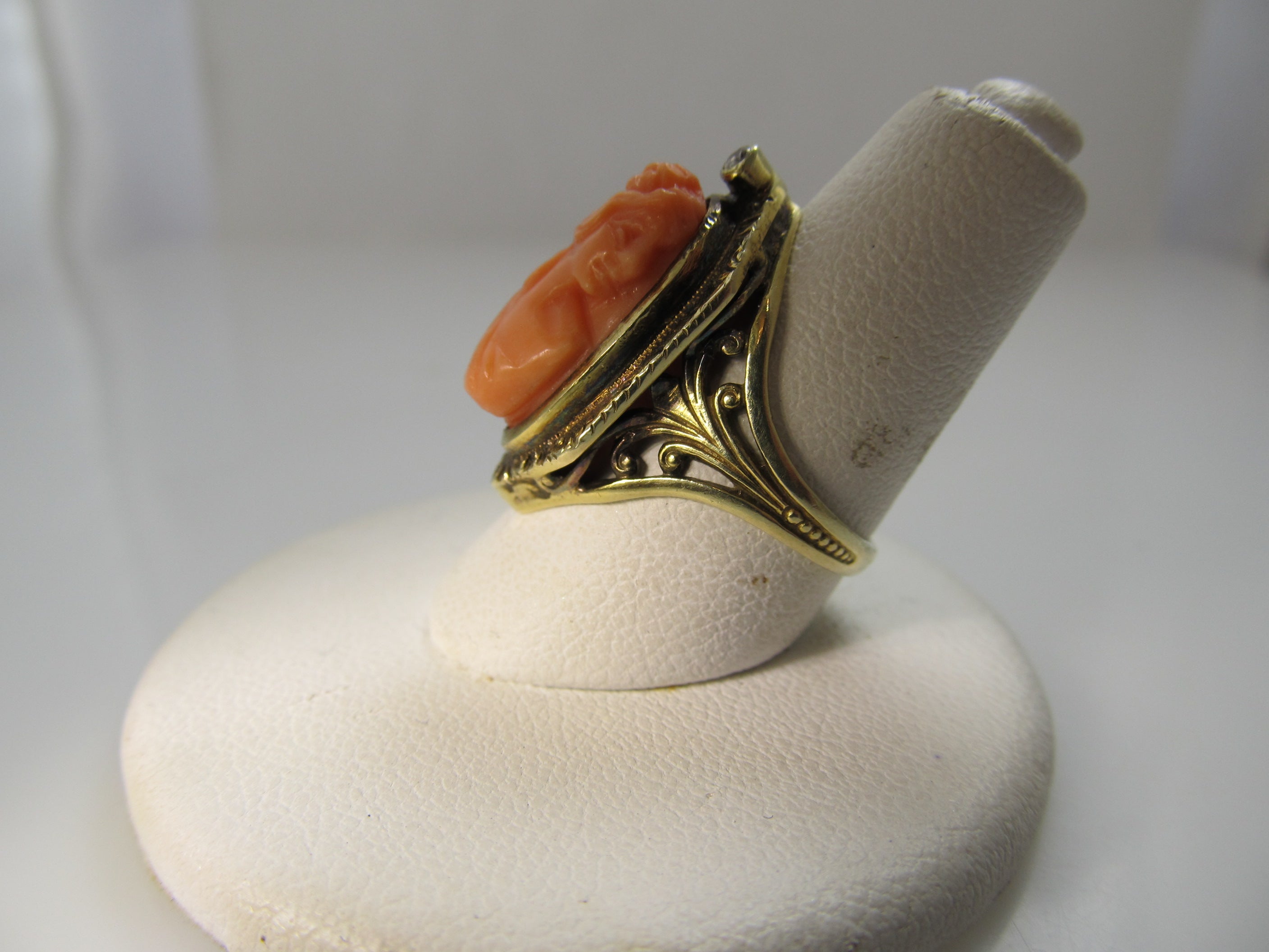 Antique coral cameo diamond ring, 14k yellow gold