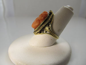 Antique coral cameo diamond ring, 14k yellow gold