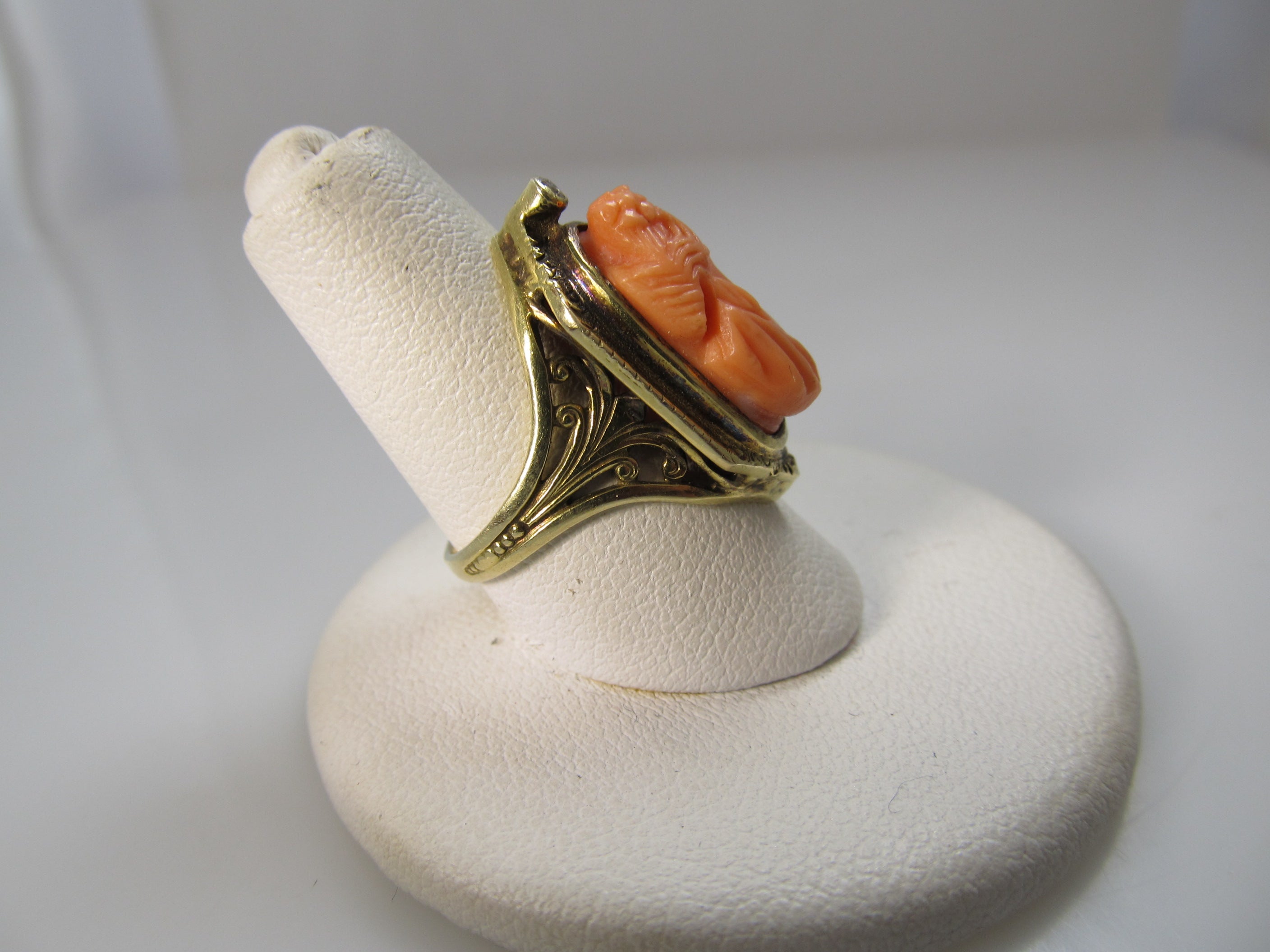 Antique coral cameo diamond ring, 14k yellow gold