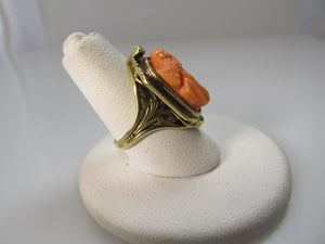 Antique coral cameo diamond ring, 14k yellow gold