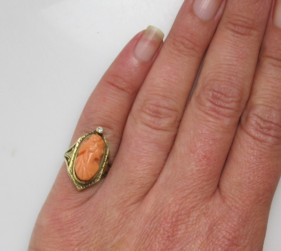 Antique coral cameo diamond ring, 14k yellow gold