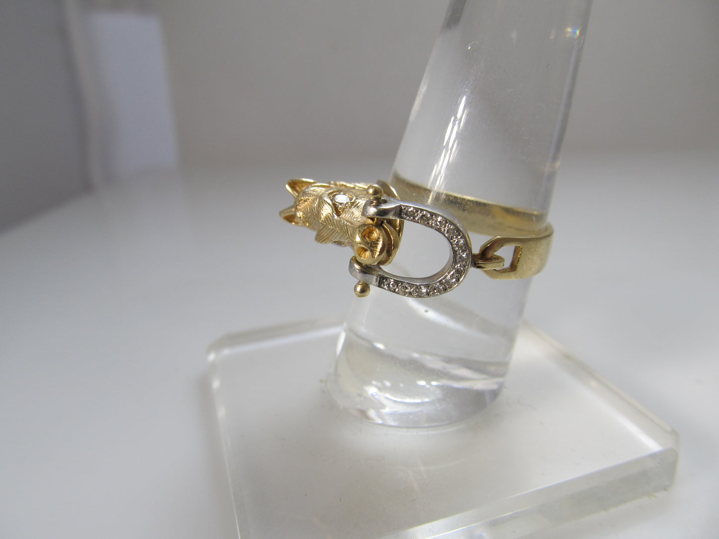 Detailed horse head and bit diamond ring