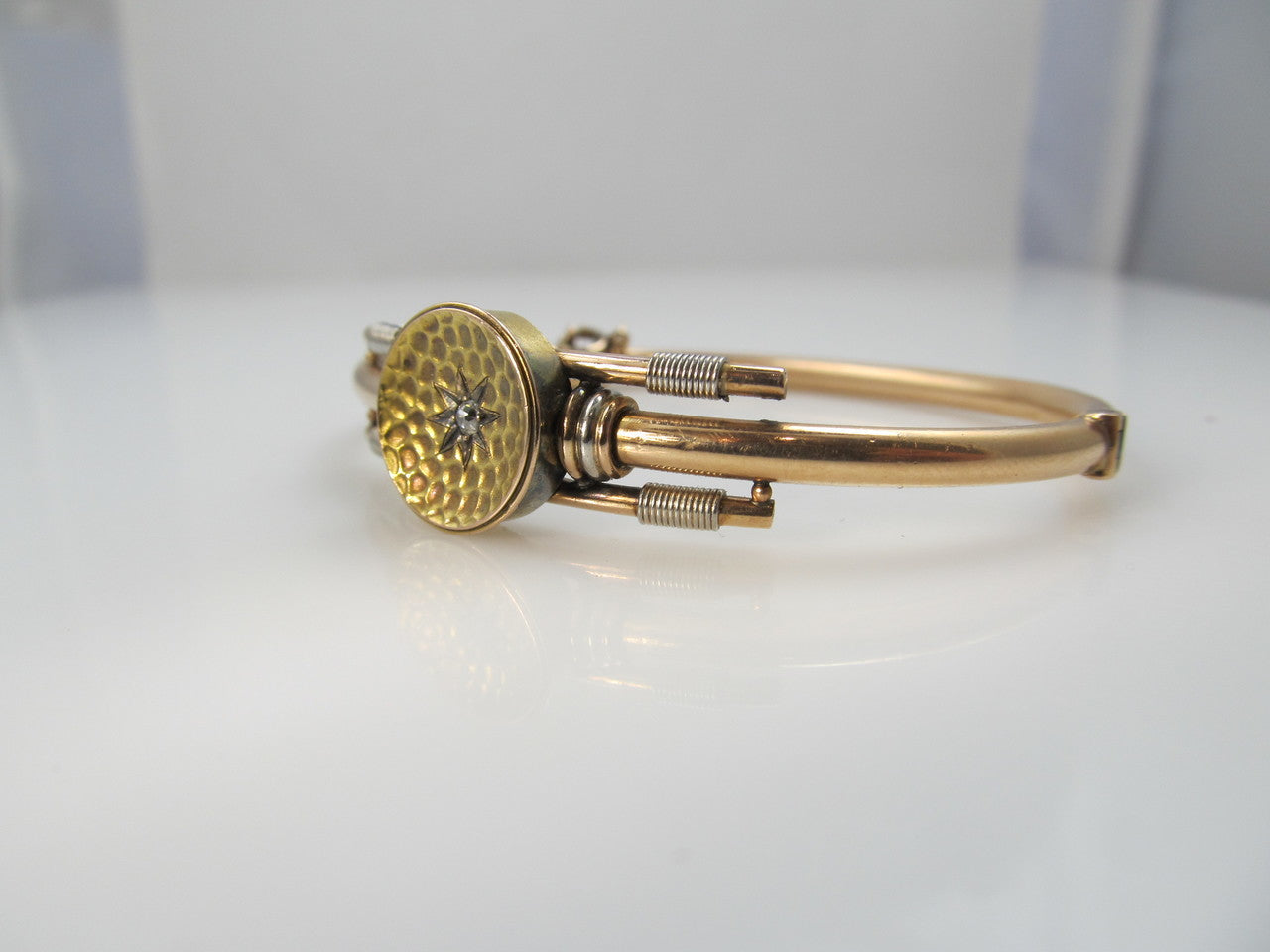 Victorian 14k White Rose And Yellow Gold Bangle Bracelet With A Diamond, Circa 1890