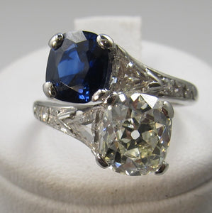 Platinum Ring With A 1.92ct Old Cut Diamond, 1.42ct Natural Sapphire, Circa 1920