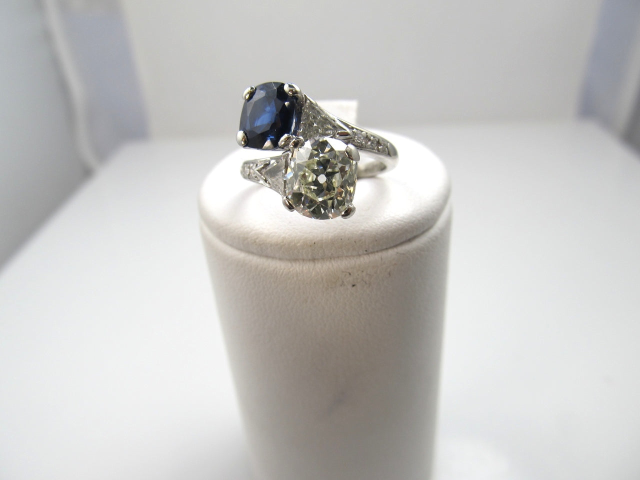 Platinum Ring With A 1.92ct Old Cut Diamond, 1.42ct Natural Sapphire, Circa 1920