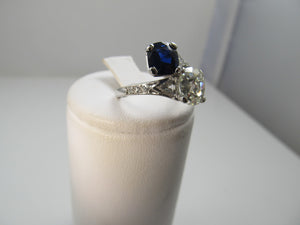 Platinum Ring With A 1.92ct Old Cut Diamond, 1.42ct Natural Sapphire, Circa 1920