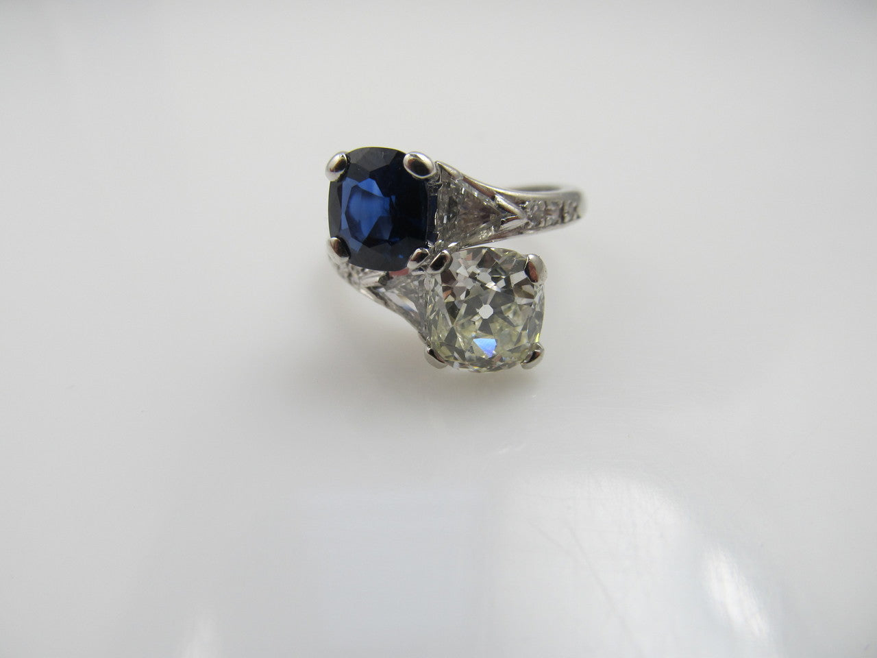 Platinum Ring With A 1.92ct Old Cut Diamond, 1.42ct Natural Sapphire, Circa 1920