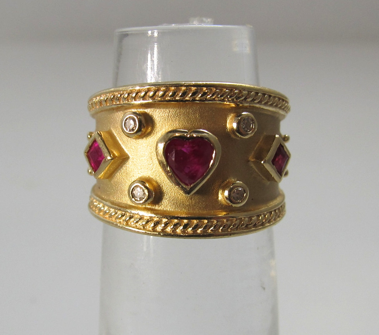 Wide 14k yellow gold cigar band ring, ruby and diamond