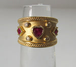Wide 14k yellow gold cigar band ring, ruby and diamond