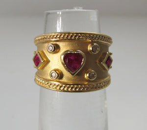 Wide 14k yellow gold cigar band ring, ruby and diamond