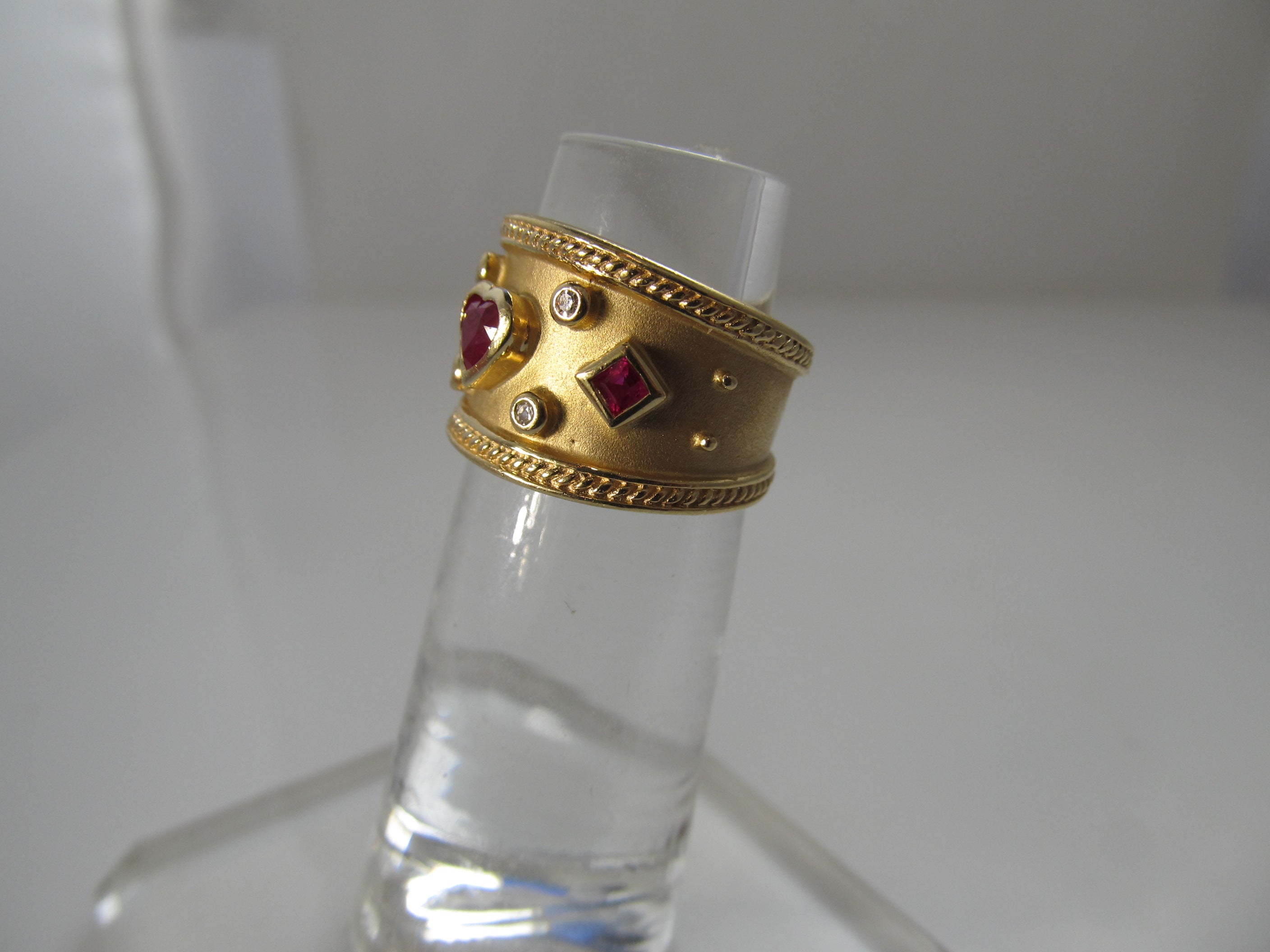 Wide 14k yellow gold cigar band ring, ruby and diamond