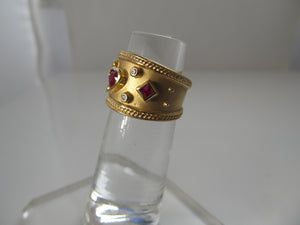 Wide 14k yellow gold cigar band ring, ruby and diamond