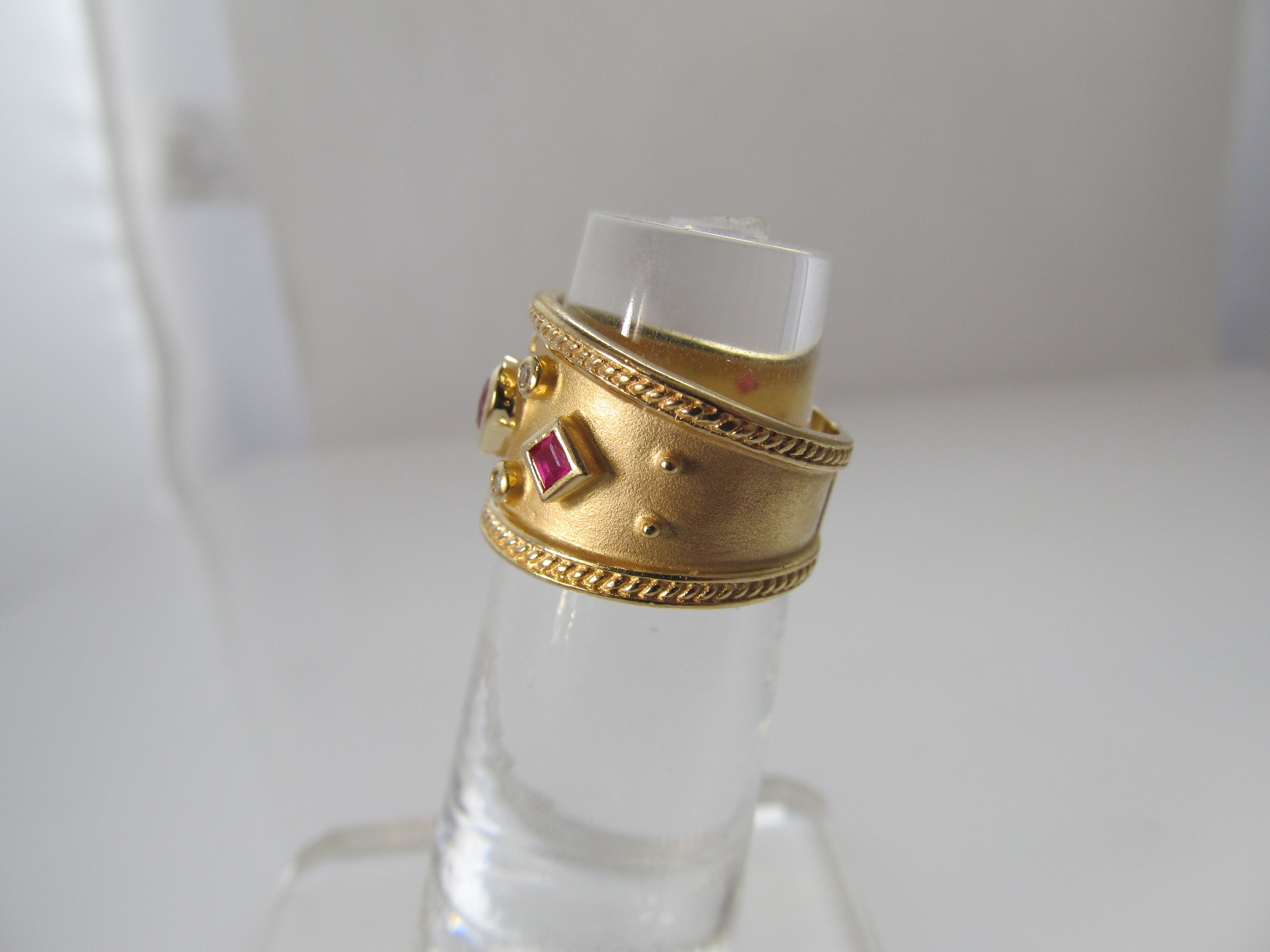 Wide 14k yellow gold cigar band ring, ruby and diamond